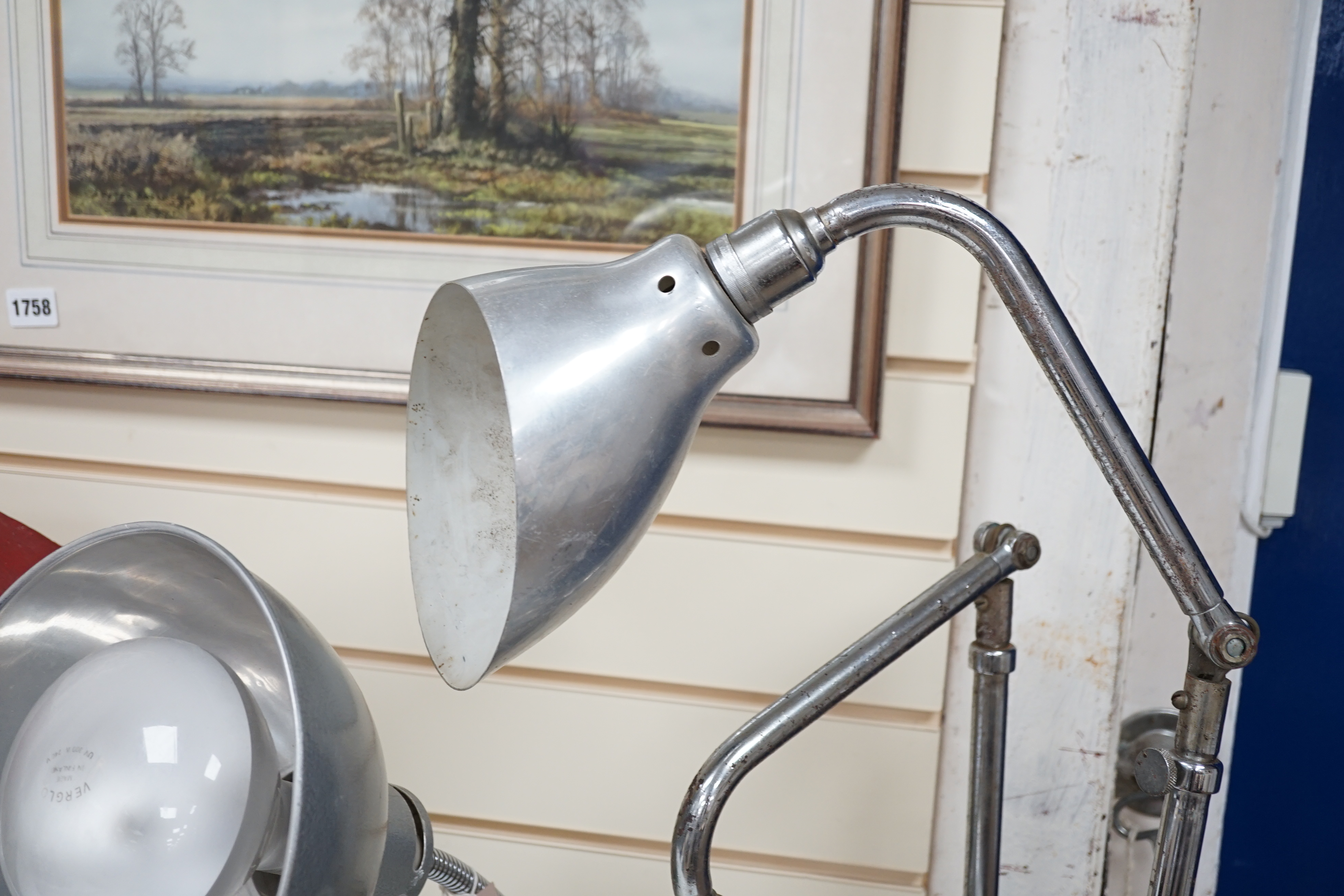 A mid-century Stephen Glover Verglo desklamp, and a pair of French Ki-E-Klair clamp-fitting industrial lamps